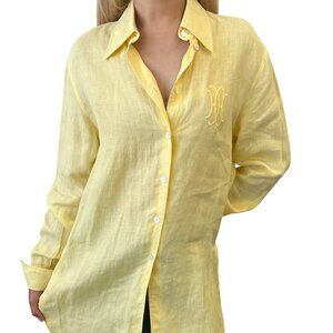 HERMES Vintage Logo Button Up Shirt Top #38 Long Sleeve Yellow White [106035]